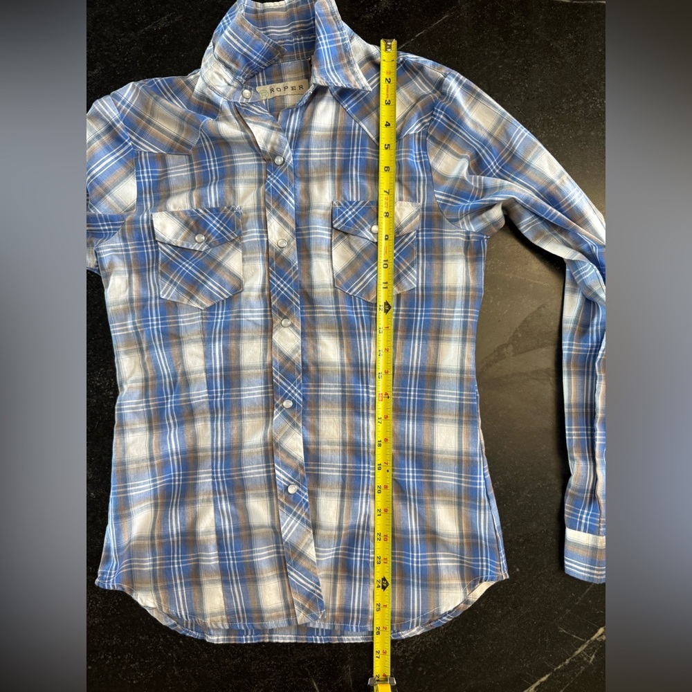 Roper XS Long Sleeve Button Down Western Shirt Blue White and Tan Plaid, Snaps - Picture 6 of 8